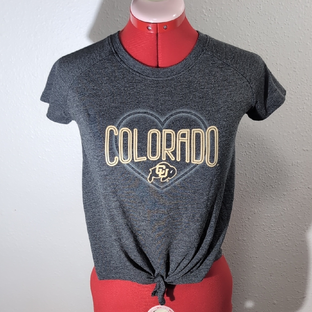 University of Colorado Buffalos Graphic Tee Gray Cropped Tie Front, Small